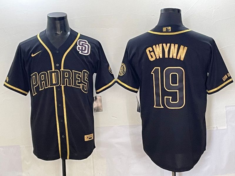 Men 2025 San Diego Padres 19 Gwynn Black Gold Throwback Nike MLB Jersey style 010
